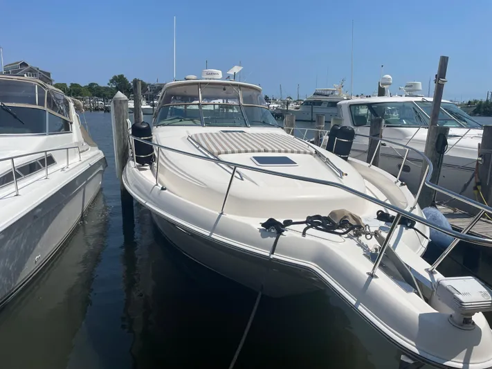 Lisa Ann Yacht Photos Pics 2003 Sea Ray 460 Sundancer yacht docked at marina, surrounded by other boats.
