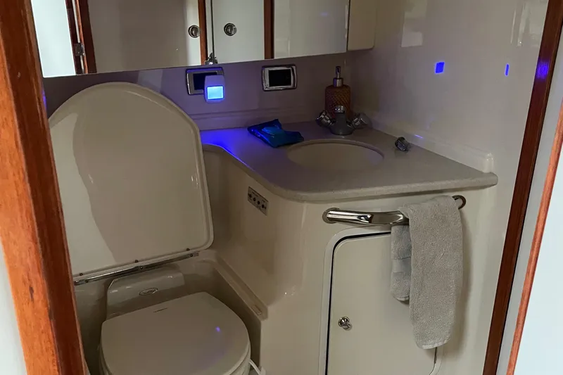 Lisa Ann Yacht Photos Pics Luxurious bathroom in 2003 Sea Ray 460 Sundancer yacht with modern amenities.