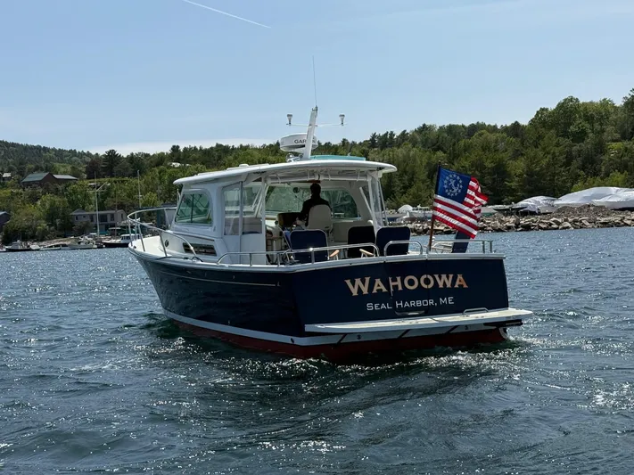 Wahoowa Yacht Photos Pics 2019 Back Cove Downeast boat "Wahoowa" on water, Seal Harbor, Maine.