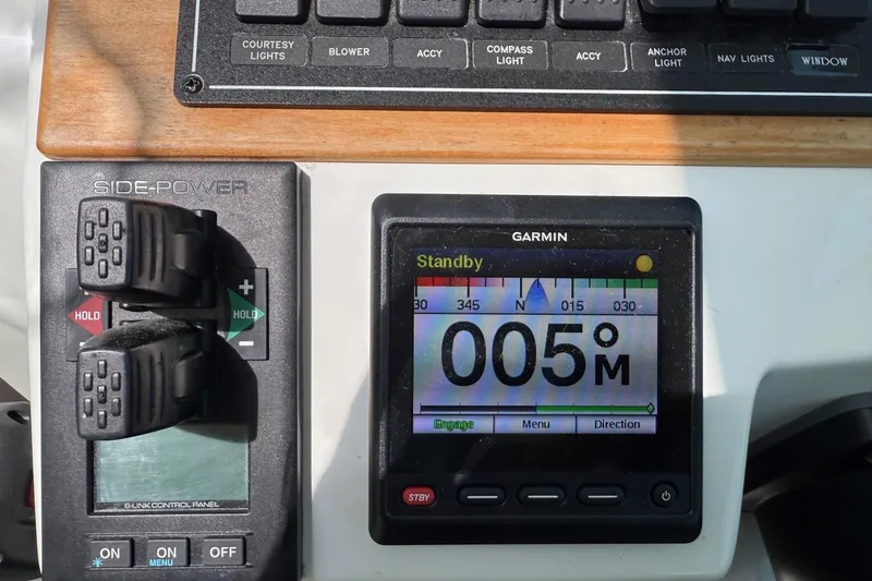Wahoowa Yacht Photos Pics Control panel of a 2019 Back Cove Downeast boat with Garmin display.