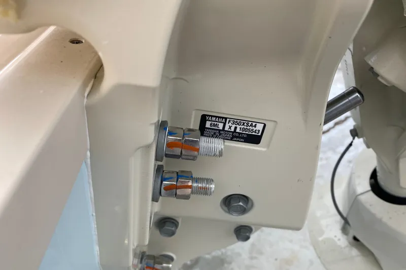  Yacht Photos Pics Close-up of Yamaha F350XSA4 engine mount on 2026 Grady-White Fisherman 236 boat.