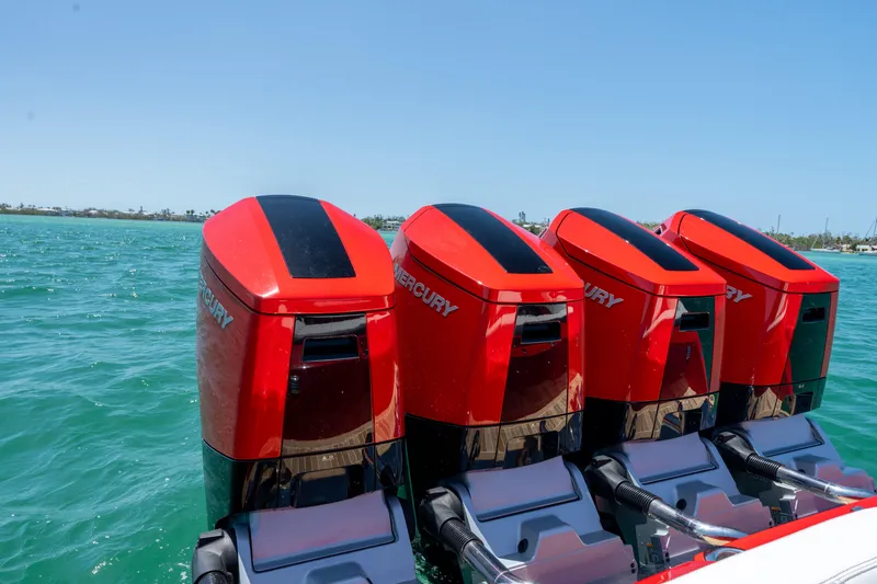 Lady Lisa Yacht Photos Pics Four red Mercury outboard engines on a 2023 Nor-Tech 55 Flyer boat.