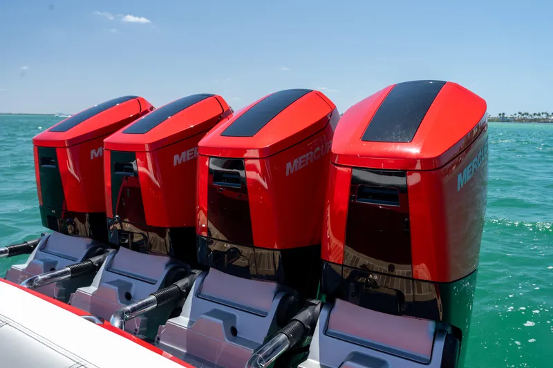 Lady Lisa Yacht Photos Pics Four red Mercury outboard engines on a 2023 Nor-Tech 55 Flyer boat.