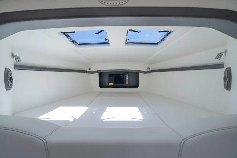 Lady Lisa Yacht Photos Pics Interior cabin of 2023 Nor-Tech 55 Flyer, featuring skylights and modern design.