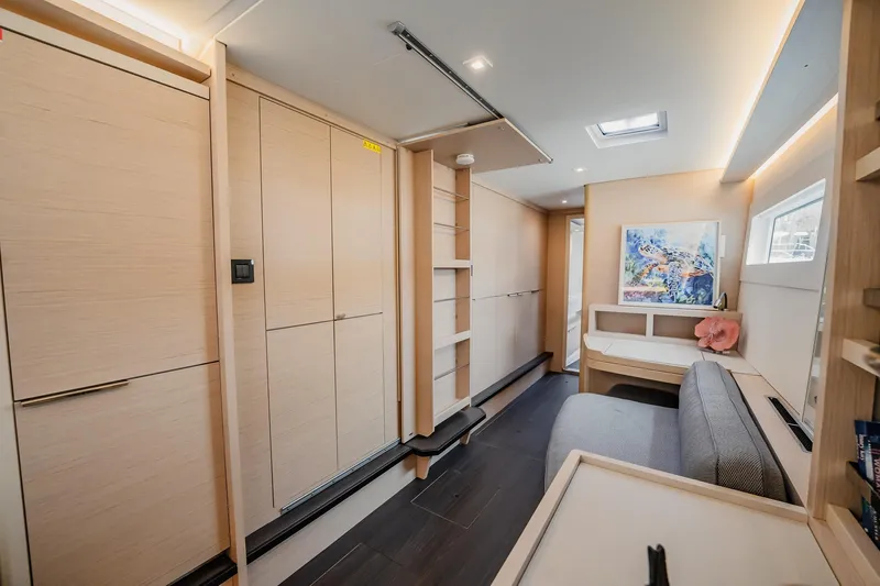  Yacht Photos Pics Interior of 2022 Lagoon 46 yacht, featuring modern design and light wood finishes.