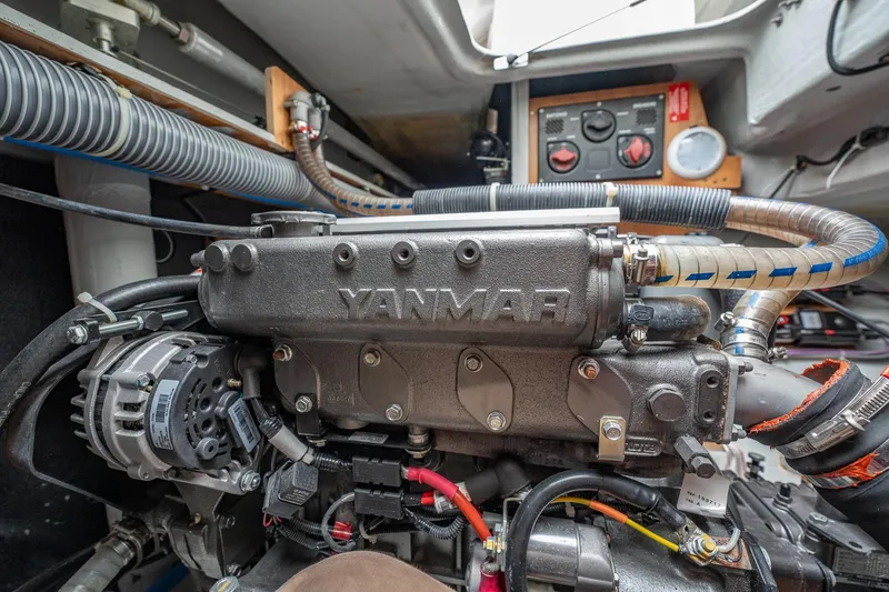  Yacht Photos Pics Engine compartment of a 2022 Lagoon 46 catamaran featuring a Yanmar engine.