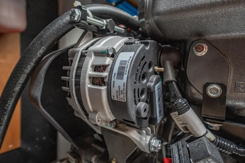  Yacht Photos Pics Close-up of a 2022 Lagoon 46 engine component with visible wiring and labels.