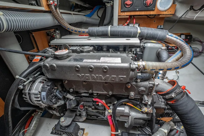  Yacht Photos Pics Engine compartment of a 2022 Lagoon 46 yacht, featuring a Yanmar engine.