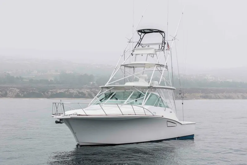 Show Time Yacht Photos Pics 2008 Cabo Yachts 38 EXPRESS on calm waters with misty shoreline background.