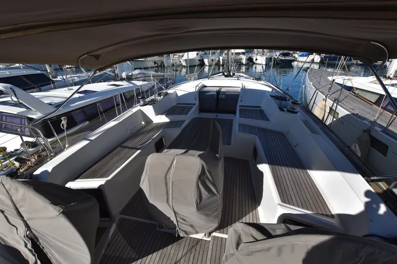 Lady Evelina Yacht Photos Pics Spacious deck of 2010 Jeanneau 57 yacht docked at marina.