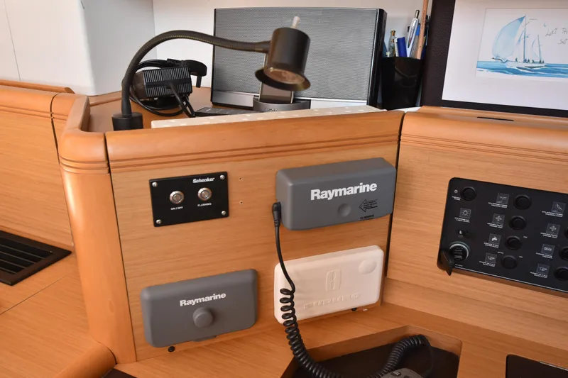 Lady Evelina Yacht Photos Pics Control panel of a 2010 Jeanneau 57 yacht with Raymarine equipment.