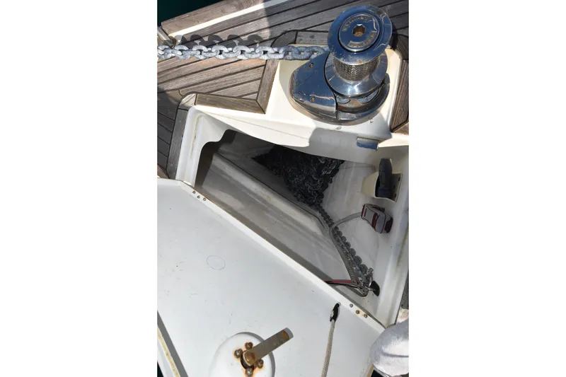 Lady Evelina Yacht Photos Pics Anchor chain compartment on a 2010 Jeanneau 57 yacht deck.