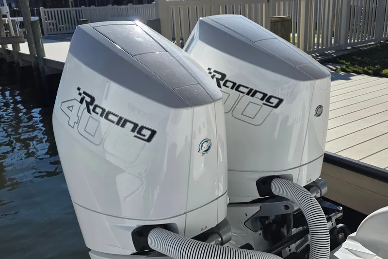 Wanderlust Yacht Photos Pics Twin Mercury Racing 400 outboard engines on a 2024 Costa Custom Boats 34 SV.