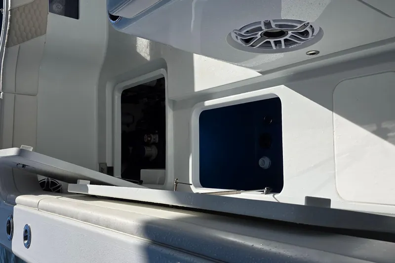 Wanderlust Yacht Photos Pics 2024 Costa Custom Boats 34 SV interior storage compartments and speaker detail.