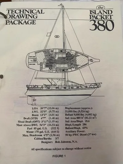  Yacht Photos Pics Technical drawing of 1999 Island Packet 380 sailboat with specifications and design details.