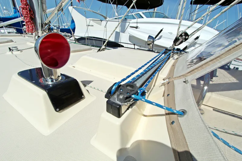  Yacht Photos Pics Deck view of 1999 Island Packet 380 sailboat with rigging and ventilation details.