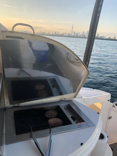  Yacht Photos Pics Grill on 2005 Regal Commodore 4260 yacht with city skyline in background.