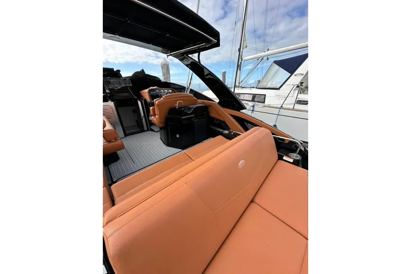  Yacht Photos Pics 2021 Cruisers Yachts 338 South Beach Edition Bow Rider with luxurious tan seating.