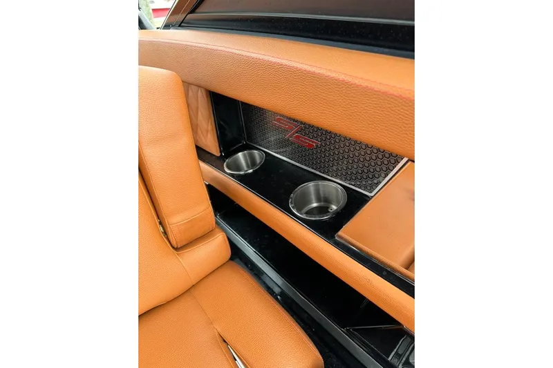 Yacht Photos Pics 2021 Cruisers Yachts 338 South Beach Edition interior with orange leather and cup holders.