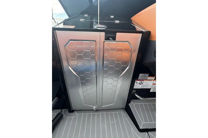  Yacht Photos Pics 2021 Cruisers Yachts 338 South Beach Edition Bow Rider interior with hexagonal design.