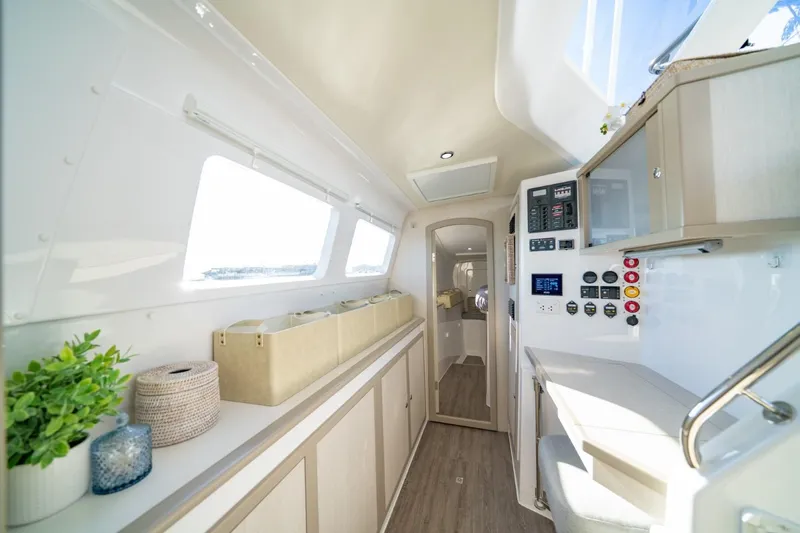 Sugarloaf Yacht Photos Pics Interior of 2023 Seawind 1160 Lite catamaran, featuring modern design and control panel.