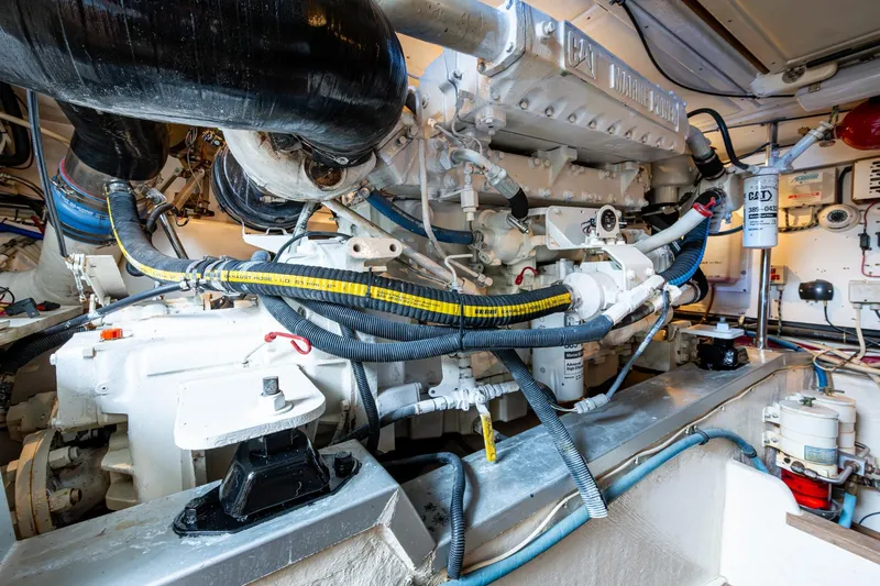 Bright Star Yacht Photos Pics Engine room of 2003 Grand Banks 49 Eastbay HX yacht, showcasing marine power systems.
