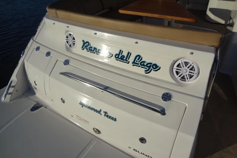 Rancho Del Lago Yacht Photos Pics 2017 Sea Ray Sundancer 350 boat with custom name and speakers on the stern.