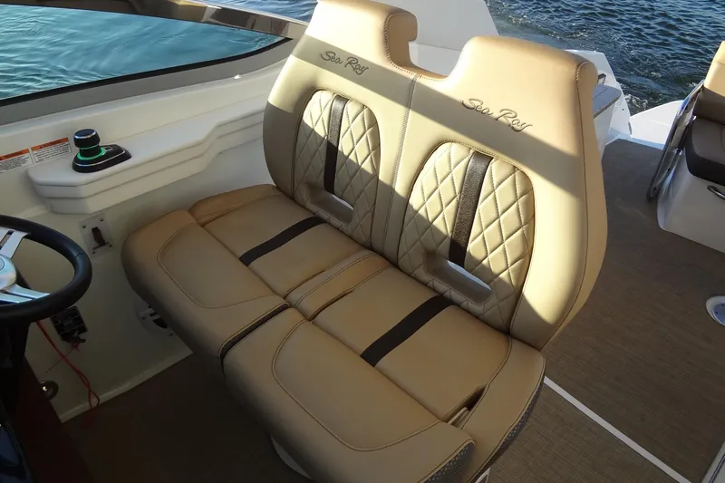 Rancho Del Lago Yacht Photos Pics Luxurious seating on 2017 Sea Ray Sundancer 350 boat, featuring tan leather upholstery.