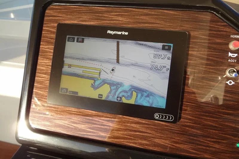 Rancho Del Lago Yacht Photos Pics Raymarine navigation display on 2017 Sea Ray Sundancer 350, showing depth and water temperature.