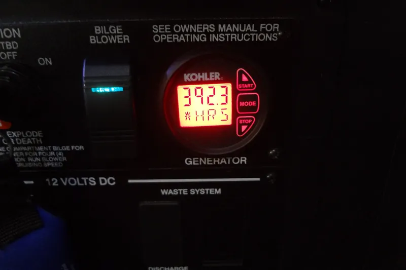 Rancho Del Lago Yacht Photos Pics Control panel of a 2017 Sea Ray Sundancer 350, featuring a Kohler generator display.