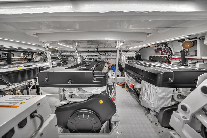 Maddamc2 Yacht Photos Pics Engine room of 2023 Zeelander 72 yacht with dual engines and advanced machinery.