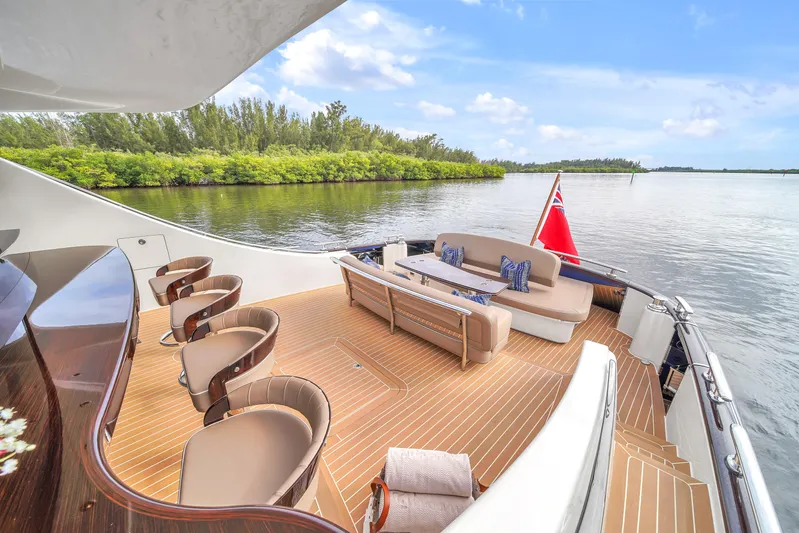 Maddamc2 Yacht Photos Pics Luxury deck of 2023 Zeelander 72 yacht with seating and scenic water view.