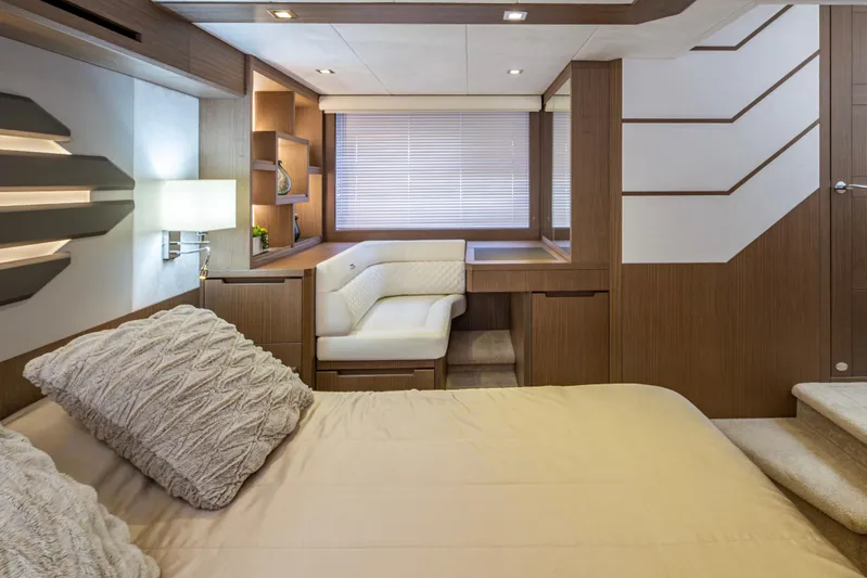 Sunshine Yacht Photos Pics Luxurious interior of 2020 Galeon 550 Fly yacht with modern design and cozy seating.
