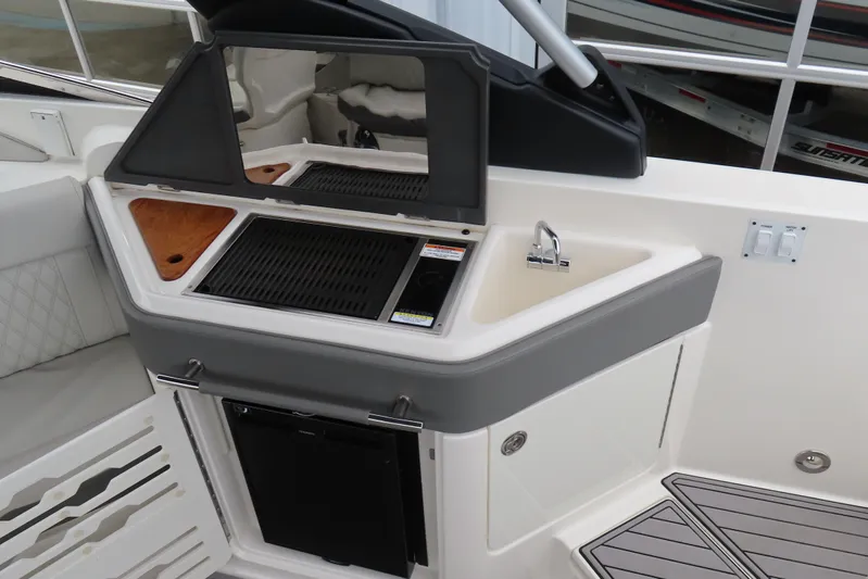  Yacht Photos Pics 2021 Sea Ray 310 SLX boat interior with grill, sink, and storage area.