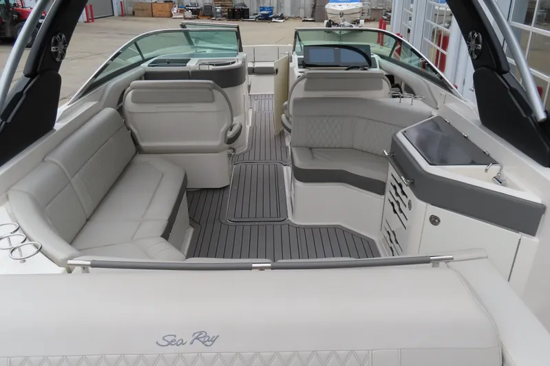  Yacht Photos Pics 2021 Sea Ray 310 SLX boat interior with luxurious seating and modern amenities.