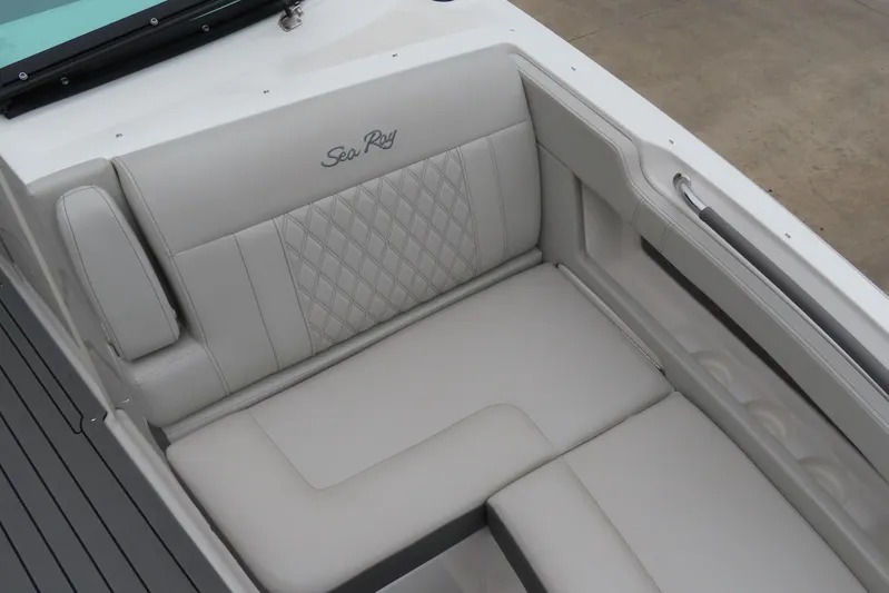  Yacht Photos Pics Luxurious seating on 2021 Sea Ray 310 SLX boat with elegant upholstery design.