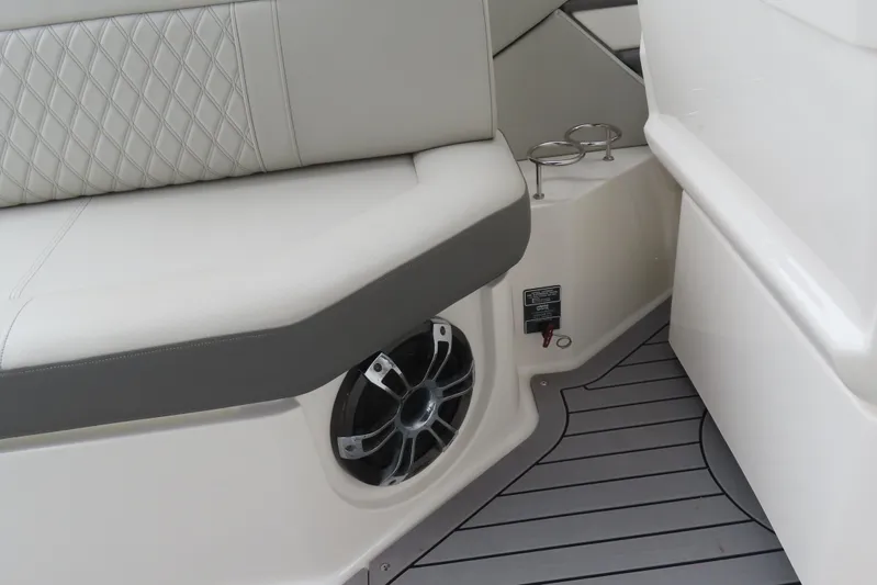  Yacht Photos Pics Luxurious seating and speaker detail on 2021 Sea Ray 310 SLX boat.