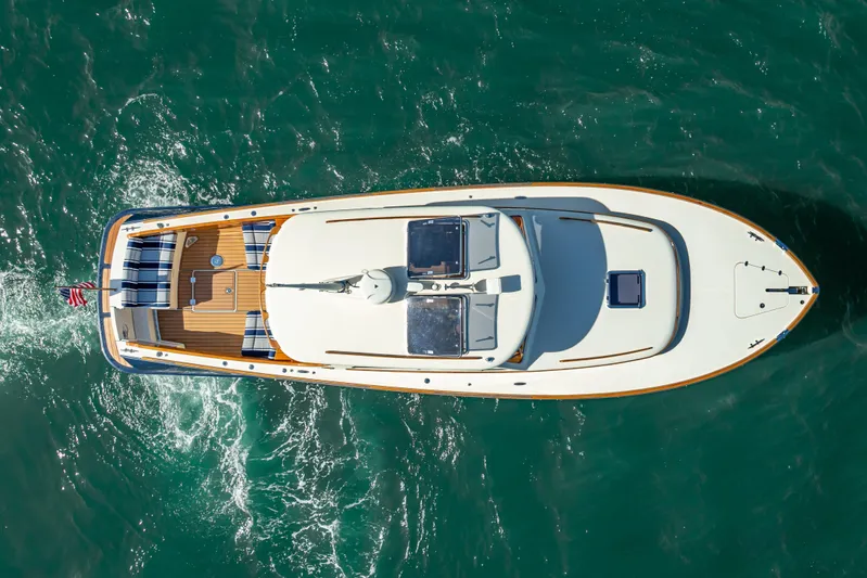 Gracious Yacht Photos Pics Top view of 2018 Hinckley Picnic Boat 37 MKIII cruising on water.