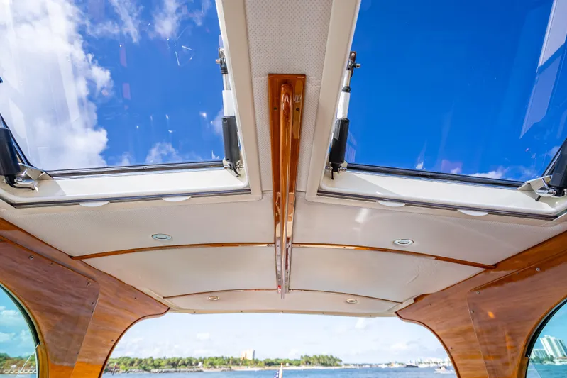 Gracious Yacht Photos Pics Hinckley Picnic Boat 37 MKIII 2018 interior with skylight and ocean view.