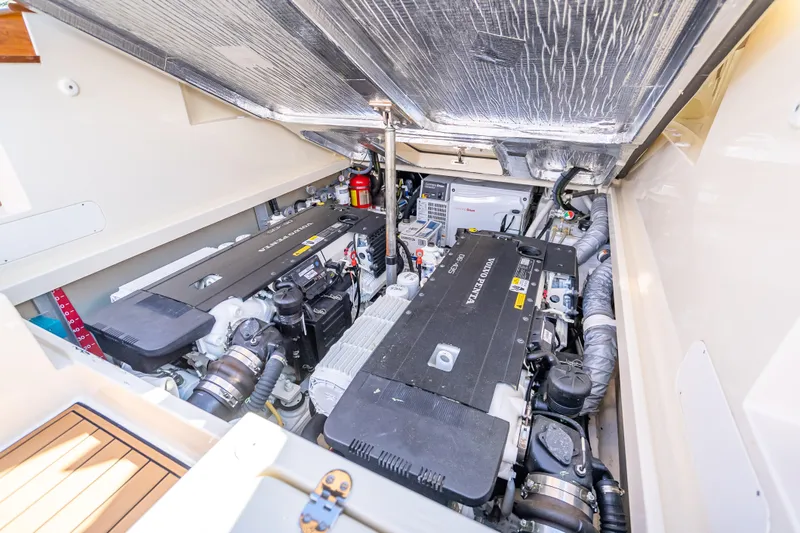 Gracious Yacht Photos Pics Engine compartment of 2018 Hinckley Picnic Boat 37 MKIII with Volvo Penta engines.