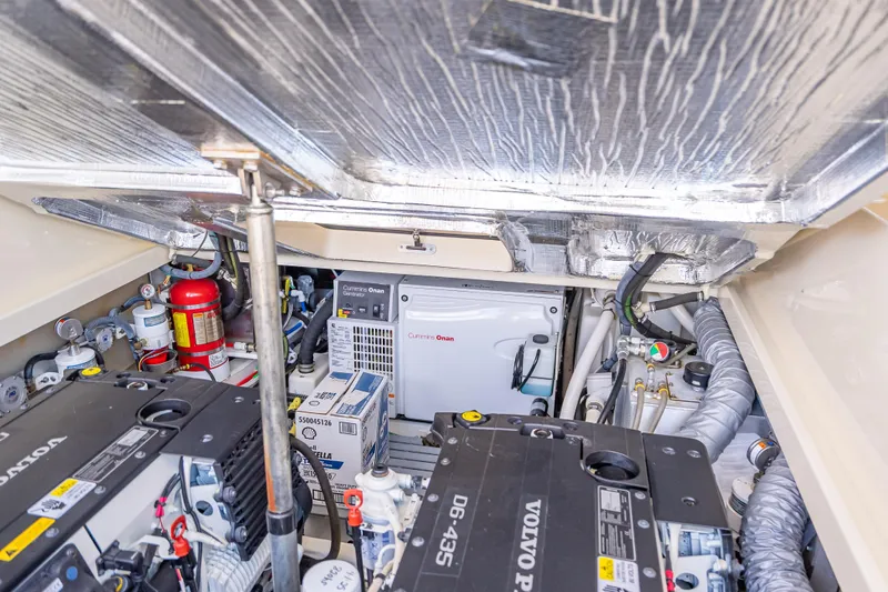 Gracious Yacht Photos Pics Engine room of 2018 Hinckley Picnic Boat 37 MKIII with Volvo Penta engines and Cummins Onan generator.