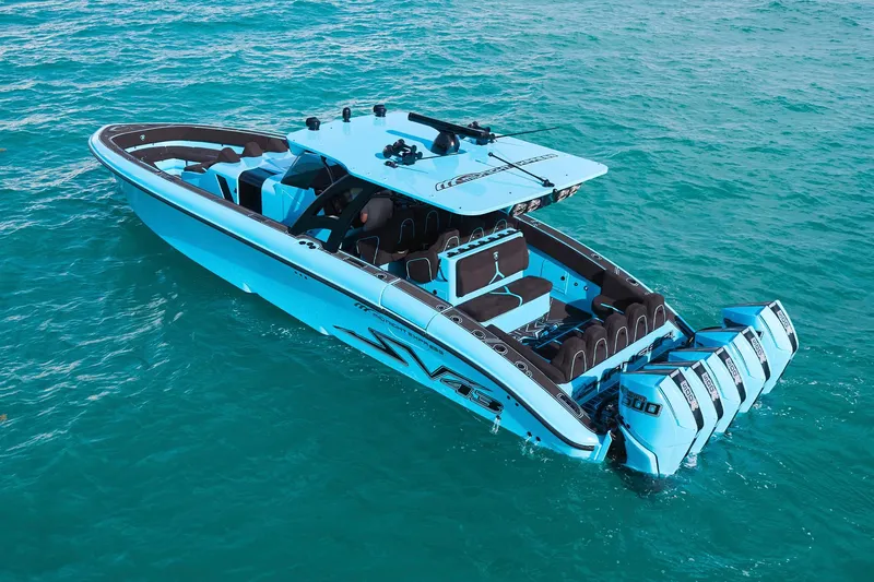  Yacht Photos Pics 2024 Midnight Express 43' Solstice boat on turquoise water, featuring sleek design and powerful engines.
