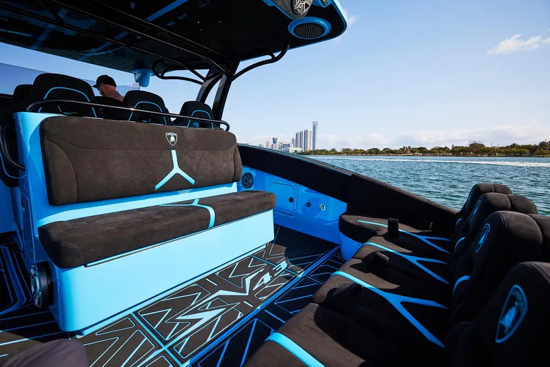  Yacht Photos Pics 2024 Midnight Express 43' Solstice luxury boat interior with modern seating and ocean view.