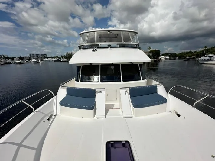 Unicorn Yacht Photos Pics Luxury Hampton 658l Endurance yacht, 2020 model, docked under cloudy skies.