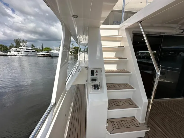 Unicorn Yacht Photos Pics 2020 Hampton 658l Endurance yacht deck with stairs, overlooking marina and boats.