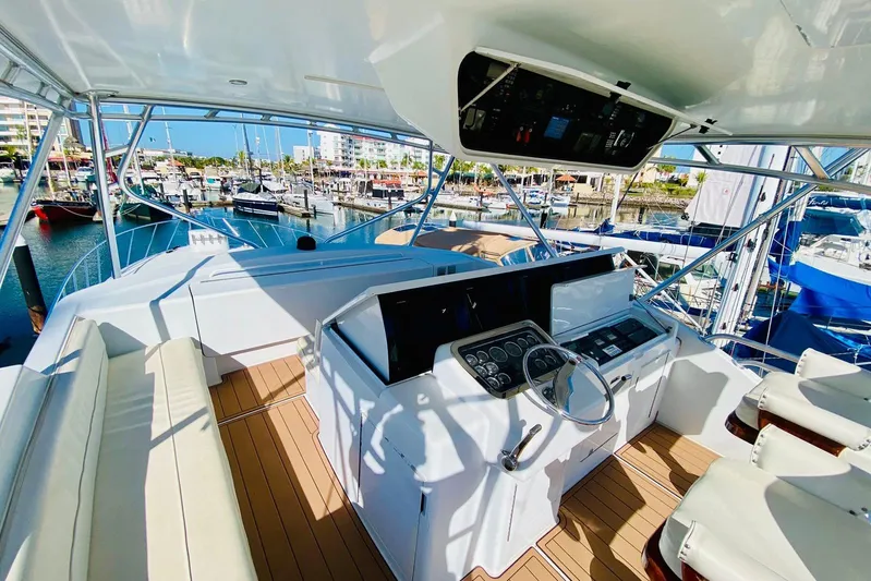  Yacht Photos Pics 2001 Hatteras 60 Convertible yacht helm with marina view, featuring modern controls and seating.