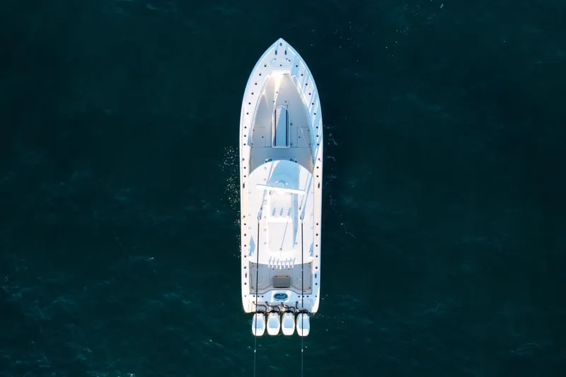  Yacht Photos Pics Aerial view of 2019 Yellowfin 39 Offshore boat on open water.