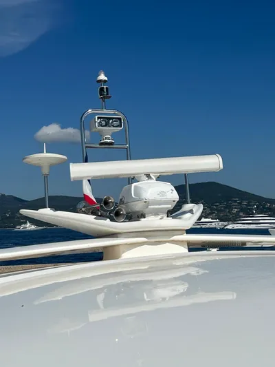  Yacht Photos Pics Radar and communication equipment on a 2011 Princess V62 yacht against a clear blue sky.