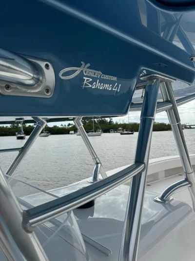  Yacht Photos Pics Close-up of 2013 Bahama Open Fisherman boat with Henley Custom Bahama 41 logo.