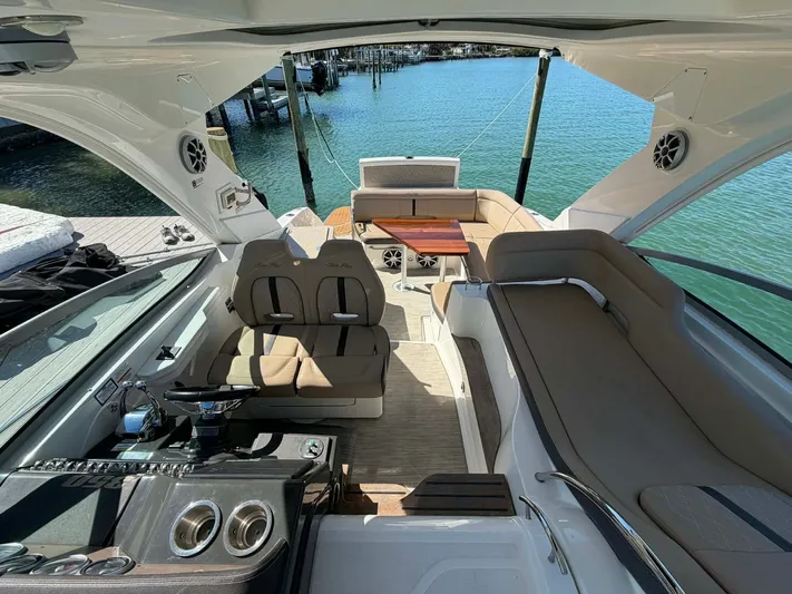 I'll Have Another Yacht Photos Pics Interior of a 2016 Sea Ray Sundancer 350 yacht at the dock.